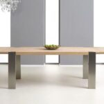 SKYLAR Solid Oak Dining Table with brushed stainless steel and 2 extensions