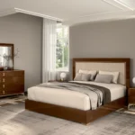 FIONA Walnut Upholstered Bed With Velvet Beige Headboard
