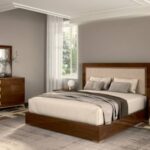 FIONA Walnut Upholstered Bed With Velvet Beige Headboard