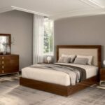 FIONA  Walnut Upholstered Bed With Velvet Beige Headboard