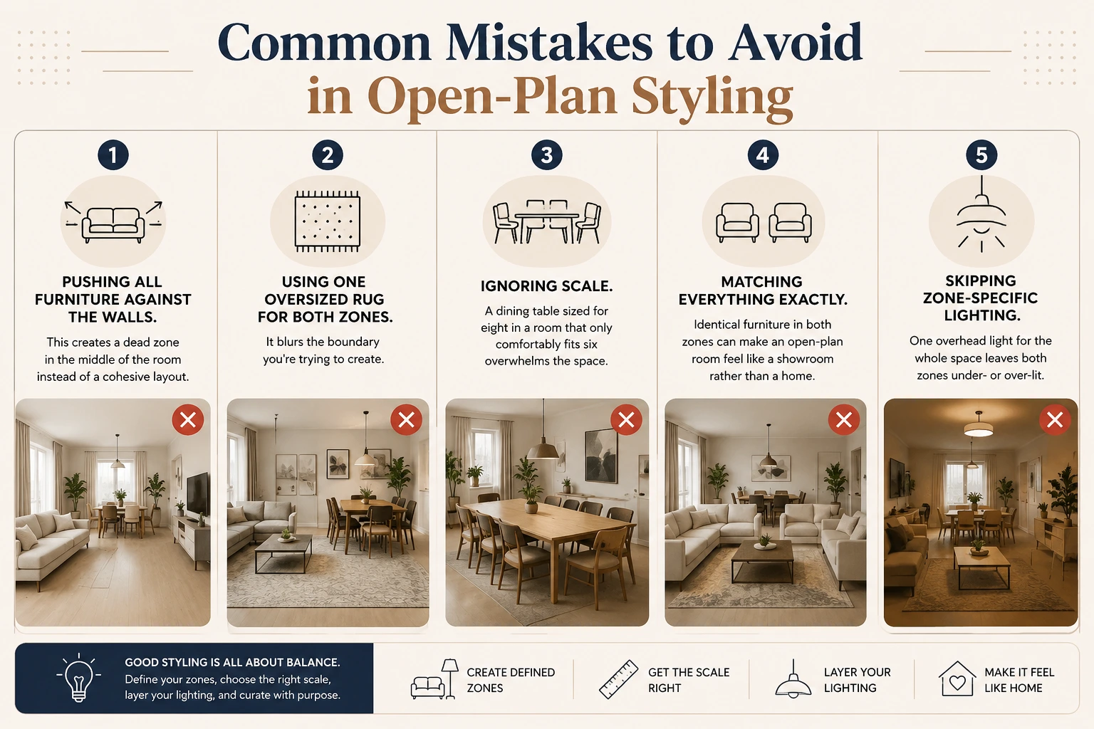 Open-plan living and dining room ideas infographic showing five common styling mistakes, including pushing furniture against walls, using one oversized rug, ignoring scale, matching everything exactly, and skipping zone-specific lighting.
