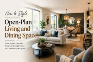 Open plan living and dining room ideas featuring a stylish modern interior with a comfortable sofa, dining table, layered lighting, and a cohesive open-space layout.