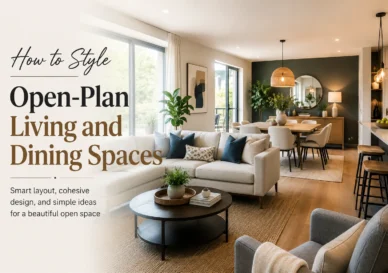 Open plan living and dining room ideas featuring a stylish modern interior with a comfortable sofa, dining table, layered lighting, and a cohesive open-space layout.