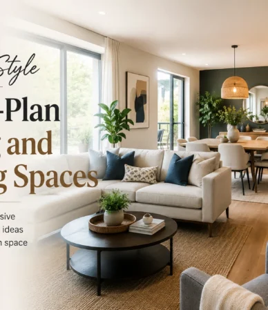 Open plan living and dining room ideas featuring a stylish modern interior with a comfortable sofa, dining table, layered lighting, and a cohesive open-space layout.