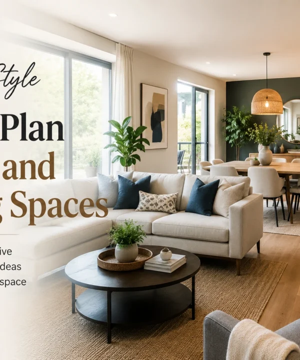 Open plan living and dining room ideas featuring a stylish modern interior with a comfortable sofa, dining table, layered lighting, and a cohesive open-space layout.