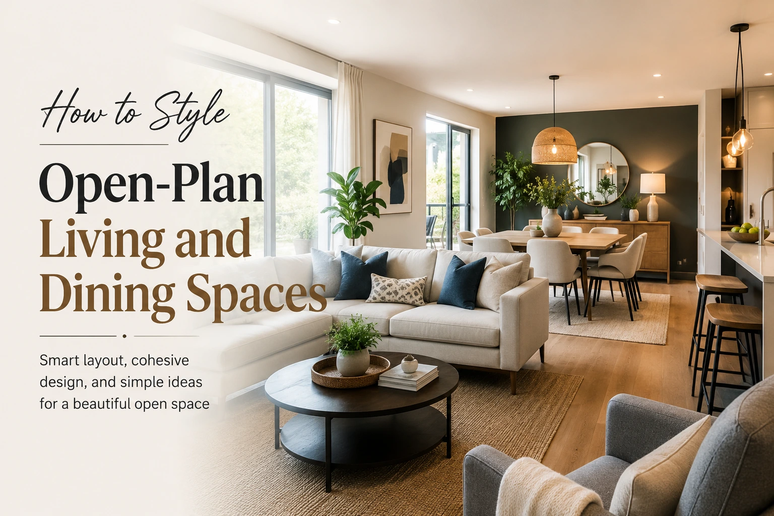 Open plan living and dining room ideas featuring a stylish modern interior with a comfortable sofa, dining table, layered lighting, and a cohesive open-space layout.