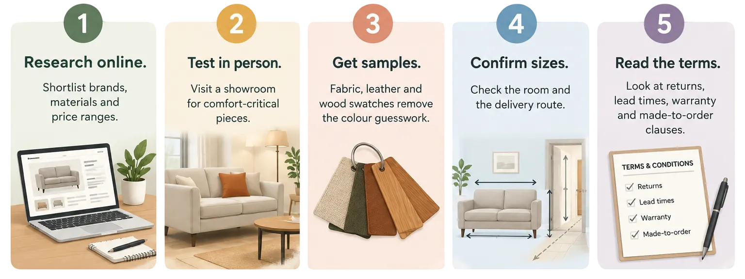Buying furniture online vs in store: five steps to research, test, compare samples, confirm sizes and check terms