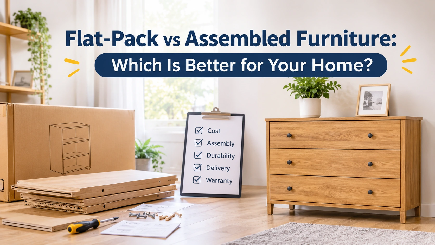 Flat pack vs assembled furniture comparison showing boxed furniture, unassembled wooden panels and a fully assembled wooden chest of drawers in a home setting.