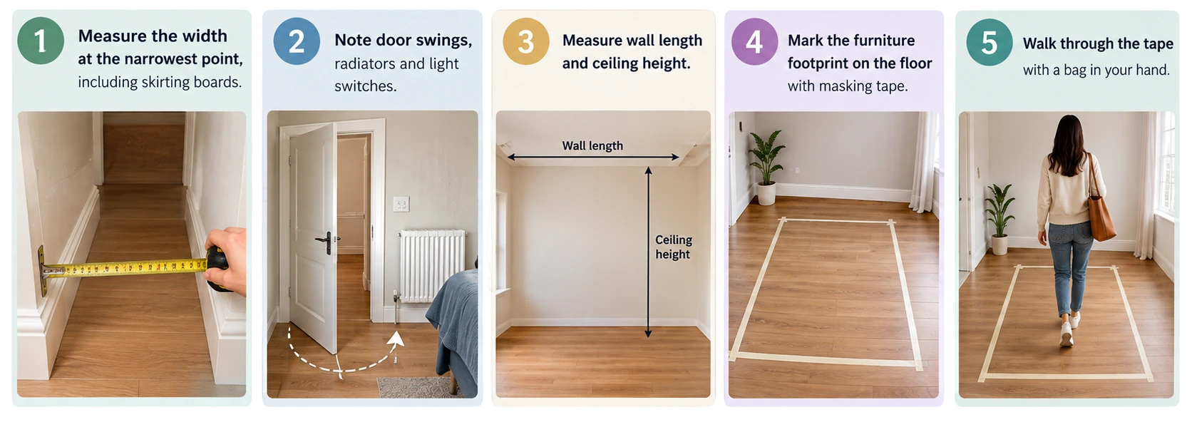 Furniture for narrow hallways: five steps to measure hallway width, wall length, ceiling height and furniture space before buying.