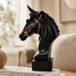Black Horse Head Sculpture with Gold Accents
